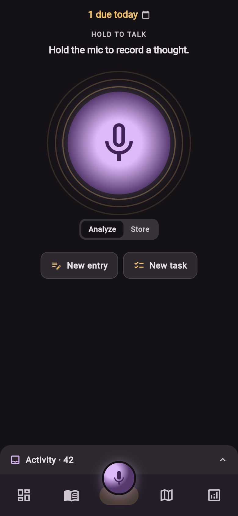 Screenshot of the mymemo capture screen: a large hold-to-talk mic button, an Analyze / Store toggle, New entry and New task buttons, and one task due today.