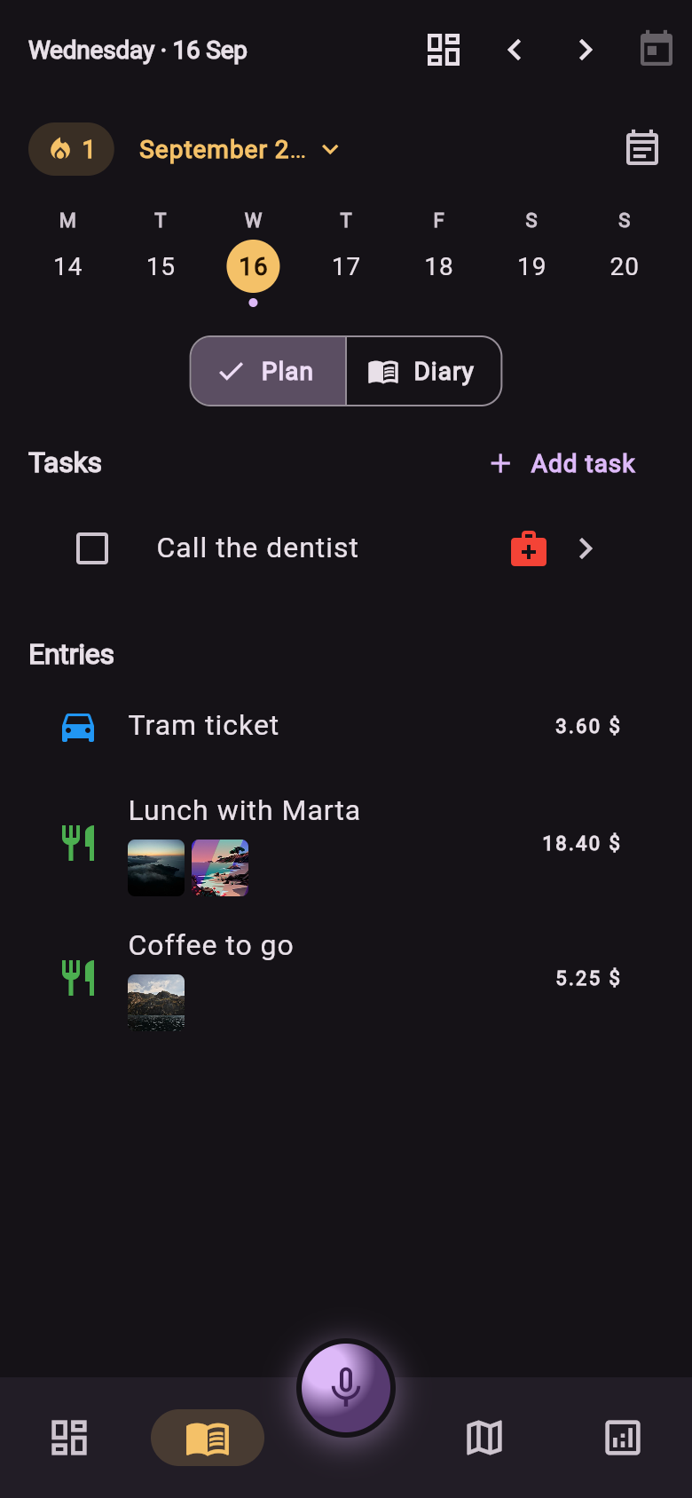 Screenshot of the day view for Wednesday, 16 Sep: a Call the dentist task with a reminder, and three entries &mdash; a tram ticket, lunch with Marta with two photos, and a coffee to go with one photo.